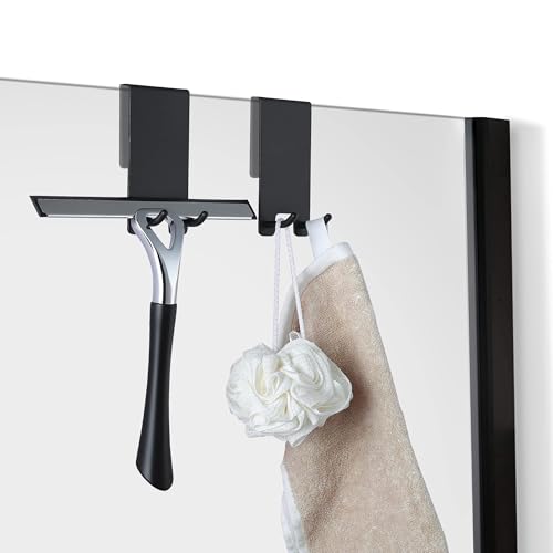Shower Door Hooks - Towel Hooks for Bathroom Frameless Glass, Squeegee Hook, Over Glass Hook - Black Stainless Steel 2 Pack