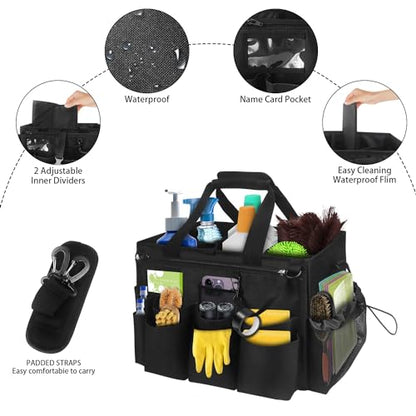 Large Cleaning Caddy Tote with Removable Divider, Heavy-Duty Wearable Apron Organizer with Pockets for Housekeeping, Cleaning Supplies, Tools (Black) - color: Black