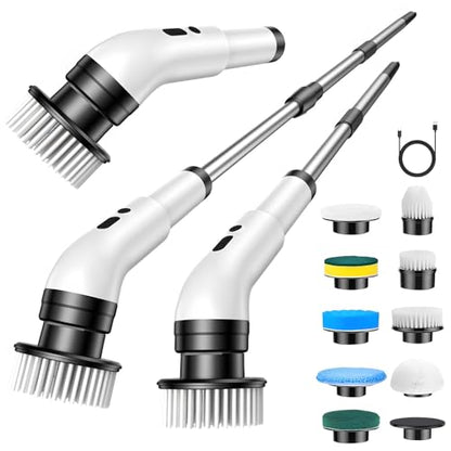 Electric Spin Scrubber, Cordless Bathroom Scrubber Brush with 9 Replaceable Heads,3-Speed Electric Scrubber with Adjustable Handle,IPX7 Shower Scrubber for Bathroom Tile,Kitchen Countertop,Car Trunk