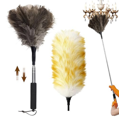 Extendable Ostrich Feather Duster with Bonus Wool Feather Duster Head - Natural Fluffy Non-Slip Handle Feathers Dusters for Cleaning Ceiling Fans, Blinds, Roof Dusting, High Surfaces (18-48 in) - color: Ostrich Feather Color+wool Color
