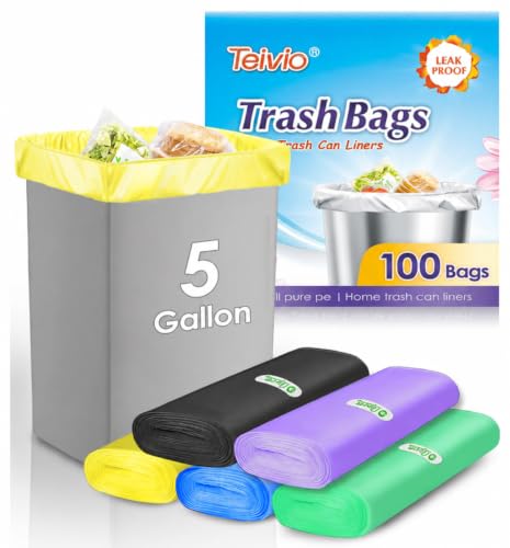 Teivio Colorful Clear Trash Bags 5 Gallon 100 Counts Garbage Bags, Bathroom Trash Can Bin Liners, Small Plastic Bags for home office kitchen, fit 15-18 Liter, 3,3.5,4.5 Gal,Multicolor - size: 1 Count (Pack of 100), style: 100pcs-5 Gallon-Multicolor