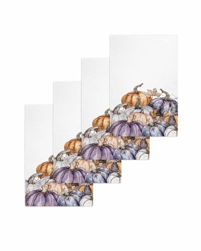 Thanksgiving Pumpkins Hand Towels Set, Waffle Weave Kitchen Towels 4 Pieces, Microfiber Hair Face Bath Tea Towel Absorbent Quick Drying Cleaning Dish Cloths, Autumn Botanical Maple Leaf 15.7"x23.6" - color: Purple Orange White, size: 4PCS,15.7"x23.6"