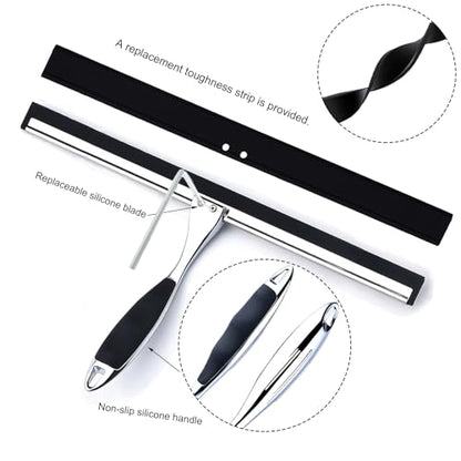 Shower Squeegee, 12 Inch Bathroom Squeegee with Spare Silicone Blade, Shower Door Hook and Adhesive Hook Glass, Stainless Steel Squeegee for Shower Glass Window Bathroom Mirror(12in-Silver-Pack of 1)