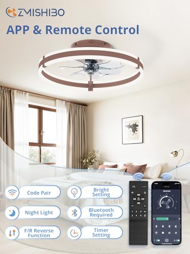 ZMISHIBO Ceiling Fans with Lights and Remote, 19.7'' Low Profile Ceiling Fan, 3000-6000K Dimmable Modern Flush Mount LED Fan Light, 6 Wind Speeds, Brown Fandelier Ceiling Fans for Bedroom - color: Brown, size: 19.7 INCH
