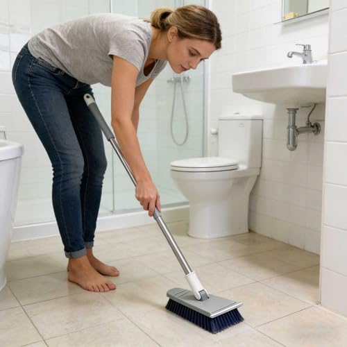 Tub Tile Scrubber Brush 2 in 1 Cleaning Brush 33.46 Inch, Adjustable Telescopic Pole Stiff Bristles Scouring Pads for Cleaning Bathroom Kitchen Toilet Wall Tub Tile Sink Non Scratch (Gray) - color: Gray