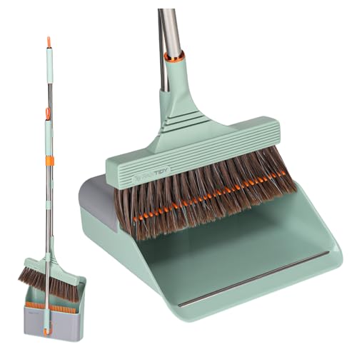 Broom and Dustpan Set with Adjustable Handle, Upright Design, Built-in Comb Teeth, Mint Green, for Home Office Hardwood Floors Pet Hair (Green/Gray) - color: Green/Gray