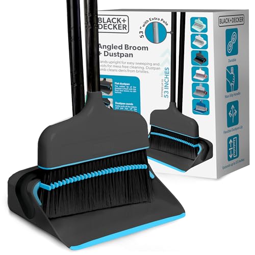 BLACK+DECKER Butler Broom & Dustpan Set - Short Handle, Stand-Up Design - Lightweight, Space-Saving Combo for Kitchen, Living Room, Bathroom, Lobby Floors - Home Cleaning Essential, Black/Blue - size: Black Butler Broom & Dustpan