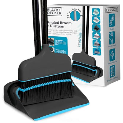 BLACK+DECKER Butler Broom & Dustpan Set - Short Handle, Stand-Up Design - Lightweight, Space-Saving Combo for Kitchen, Living Room, Bathroom, Lobby Floors - Home Cleaning Essential, Black/Blue - size: Black Butler Broom & Dustpan