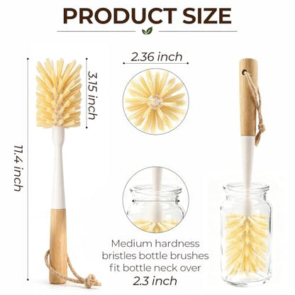 2 Pack Bamboo Bottle Brush - 11.4” Long Handle Water Bottle Cleaner Brush with Odorless Nylon Bristle, Bottle Scrubber Brush for Cleaning Mug, Glass, Sports Bottle