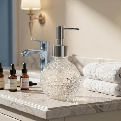 220ml/7.3oz Clear Glass Soap Dispenser with Plastic Pump, Refillable Hand Soap & Lotion Bottle for Bathroom, Kitchen Countertop & Laundry Room