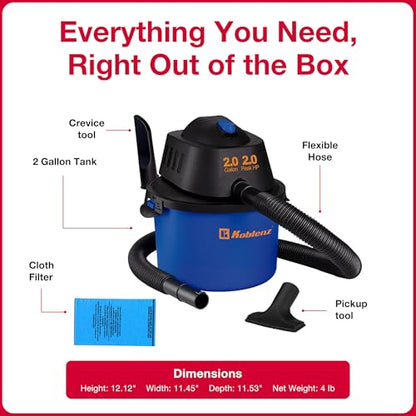 Koblenz Wet Dry Vacuum Cleaner, 2 Gallon 2.0 PHP, 60 CFM, 10 ft Reach, Twist-N-Lock Hose, Small Shop Vac, Portable Shop Vac for Home Car Garage Workshop, Accessories Included, Blue/Black, WD-2L - size: 2 Gallon 2 HP