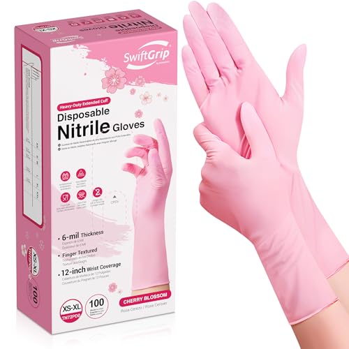 SwiftGrip Disposable Nitrile Dishwashing Gloves, Extended 12 Inches Cuff, 6-mil, Cherry Blossom Cleaning Gloves, Latex-Free - size: Medium