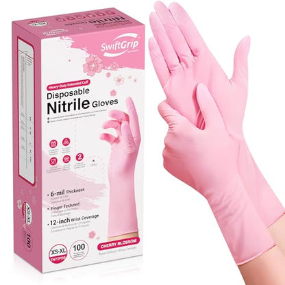SwiftGrip Disposable Nitrile Dishwashing Gloves, Extended 12 Inches Cuff, 6-mil, Cherry Blossom Cleaning Gloves, Latex-Free - size: Medium