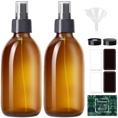 Tecohouse Amber Glass Spray Bottles 8.8 oz, 2 Pack Empty Spray Bottle for Essential Oils, Small Glass Bottles for Cleaning Solutions, Plants, Hair with Durable Nozzle, Labels, Funnel - color: 8.8 oz Amber