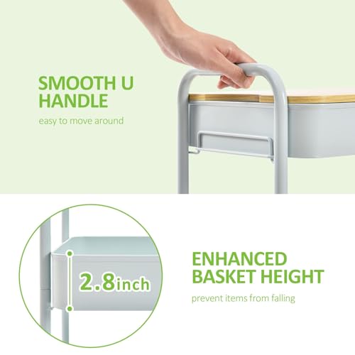 TOOLF 3-Tier Rolling Cart with Table Top, Metal Storage Cart on Wheels, Utility Organizer with Wooden Tray, Lockable Casters, Easy Assembly for Bathroom, Bedroom, Baby Room, Kitchen, Green - color: Green