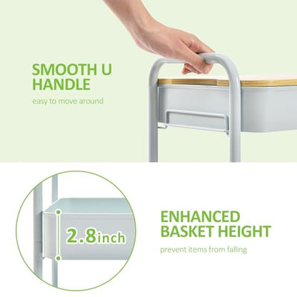 TOOLF 3-Tier Rolling Cart with Table Top, Metal Storage Cart on Wheels, Utility Organizer with Wooden Tray, Lockable Casters, Easy Assembly for Bathroom, Bedroom, Baby Room, Kitchen, Green - color: Green