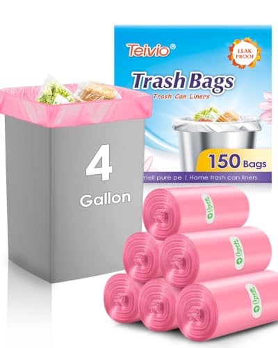 Teivio Small Trash Bags 4 Gallon 150 Counts Garbage Bags, Bathroom Trash Can Bin Liners, Small Plastic Bags for home office kitchen, fit 12-15 Liter, 3,3.5,4.5 Gal, Pink