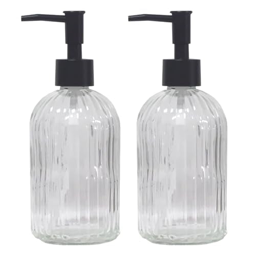 Clear Glass Soap Dispenser with Pump, 2 Pack 13.5oz Bathroom Soap Dispenser with Vertical Stripe for Hand Wash and Dish Wash, Elegant Refillable Hand Dispenser for Dishwashing Liquid, Lotion - color: Clear