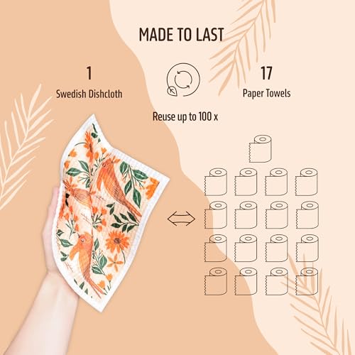 Swedish Dishcloths for Kitchen, 5 Pack Reusable Paper Towels Washable, Super Absorbent Kitchen Towels, No Odor Dish Rags, Biodegradable, Quick Drying, Dishwasher Safe - color: 5 Count- Flowers and Birds