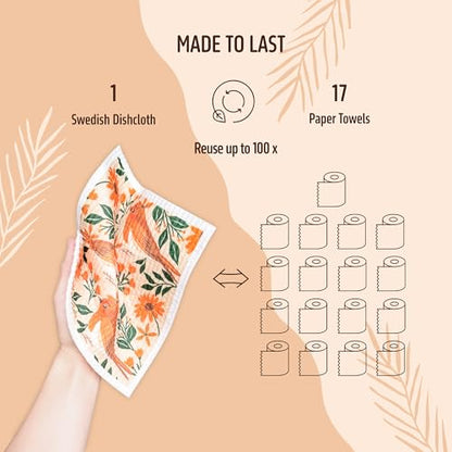 Swedish Dishcloths for Kitchen, 5 Pack Reusable Paper Towels Washable, Super Absorbent Kitchen Towels, No Odor Dish Rags, Biodegradable, Quick Drying, Dishwasher Safe - color: 5 Count- Flowers and Birds