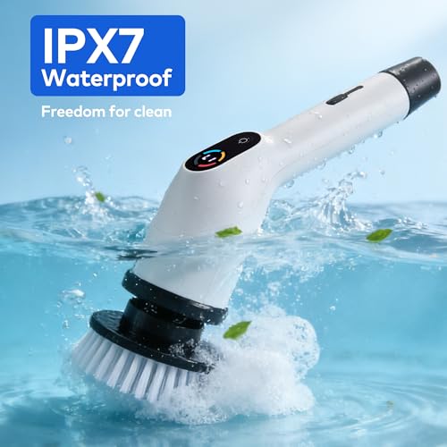 Electric Spin Scrubber, Cordless Cleaning Brush with 7 Replaceable Brush Heads, IPX7 Waterproof Power Scrubber 3 Adjustable Sizes & 3 Speeds for Bathroom Bathtub Kitchen Car Tile Cleaning