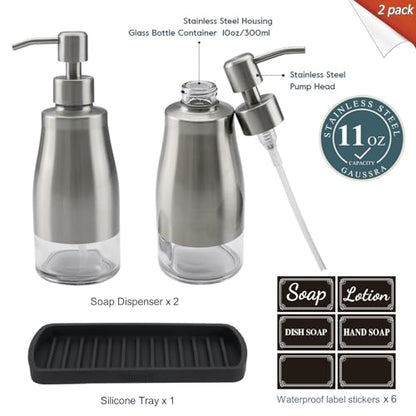 Gaussra Kitchen Soap Dispenser Set with Silicone Tray and Stickers - Brushed Nickel, Stainless Steel Glass Soap Dispenser Bathroom, Refillable Hand Dish Dispenser for Kitchen Sink - color: Brushed Nickel 2 & Tray