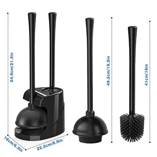Toilet Plunger and Brush Set, Silicone Toilet Brush and Plunger with Holder for 5.7-inch Toilet Drain, 2-in-1 Toilet Brush Plunger Combo with Caddy Stand (Black)