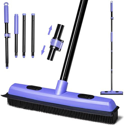 Carpet Brush for Pet Hair Remover, Rubber Broom for Pet Hair on Carpet with Telescoping 60.2 Inches Long Handle for Cleaning Fur Rug, Hardwood Floor, Tile, Window
