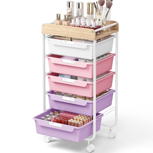 SYKIARIOL Rolling Storage Utility Cart with 5 Drawers,Craft Cart with Wheels,Makeup Organizer,Art Supply and Storage Wooden Tabletop,Purple - color: Dreamy Color, size: 5-Drawers