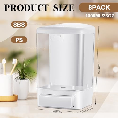 Hushee 8 Pcs Plastic Wall Mounted Soap Dispenser Commercial Manual Soap Containers Wall Dispenser for Kitchen Shower Hotel Liquid Shampoo Gel Chamber (33.8 oz 1000 ml,White) - color: White, size: 33.8 oz 1000 ml