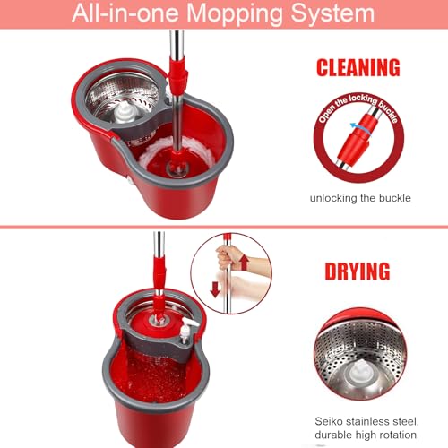Spin Mop and Bucket with Wringer Set, 360° Spinning Mop Bucket System with 3 Microfiber Mop Replacement Heads Refills,56" Stainless Steel Extended Handle for Floor Cleaning Home(20QT) (Green) (Red) - color: Red