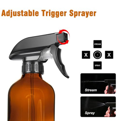 LANBEAUTIFY 8oz Amber Glass Spray Bottles - 2 Pack Empty Refillable Bottles for Cleaning, Hair Care, Essential Oils, Plants - Includes Durable Nozzle, Labels, Funnel & Dropper, Handheld Size