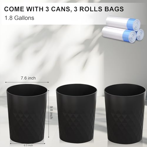 JiatuA 3 Pack Small Trash Can with Trash Bags Bathroom Garbage Bin Round Plastic Waste Basket for Kitchen, Bedroom, Office, College Dorm, Craft Room, Black - color: Black