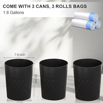 JiatuA 3 Pack Small Trash Can with Trash Bags Bathroom Garbage Bin Round Plastic Waste Basket for Kitchen, Bedroom, Office, College Dorm, Craft Room, Black - color: Black
