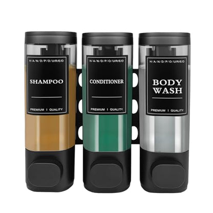 3-Chamber Wall Mount Shower Dispenser, No-Drill or Drill Install for Shampoo, Conditioner, Body Wash, Refillable Soap Dispenser for Home, RV & Hotel, Eco-Friendly & Space-Saving (Matte Black) - color: Matte Black