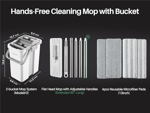 JOYMOOP Flat Mop System, Microfiber Mop and Bucket Set, White, Household & Commercial Floor Cleaning Mop with Long Handle, Hands-Free Cleaning System - color: White Plus241