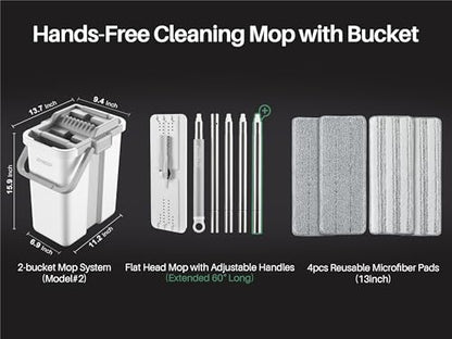 JOYMOOP Flat Mop System, Microfiber Mop and Bucket Set, White, Household & Commercial Floor Cleaning Mop with Long Handle, Hands-Free Cleaning System - color: White Plus241