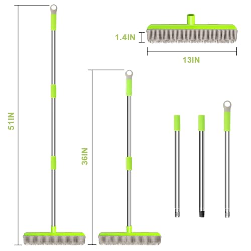 Pet Hair Removal Rubber Broom, Carpet rake with Squeegee for Cleaning Pet Hair, 52 inch Long Handle Rubber Broom,Dual-Sided for Fluff Carpet, Hardwood Floor, Tile,Green