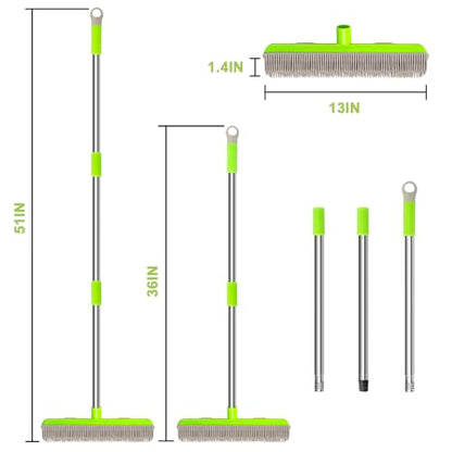 Pet Hair Removal Rubber Broom, Carpet rake with Squeegee for Cleaning Pet Hair, 52 inch Long Handle Rubber Broom,Dual-Sided for Fluff Carpet, Hardwood Floor, Tile,Green