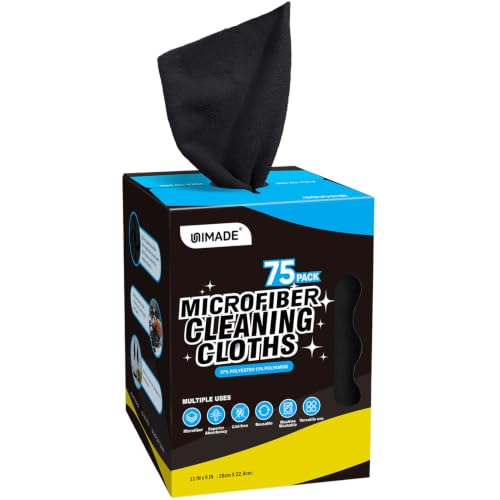 UNIMADE Microfiber Cleaning Cloth, 75 Sheets Microfiber Towels for Cars Commercial Grade Washcloths Lint-Free Bulk Shop Towel Cleaning Rags for Household Restaurant Garage Housekeeping, 11"x 9", Black - color: Black