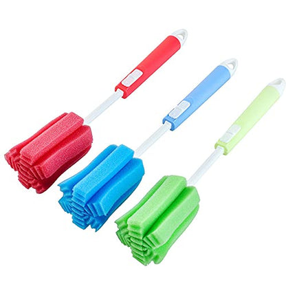 3 Pcs Bottles Dishwashing Foam Sponge Brush with Adjustable Long Handle For Coffee Glasses Pot Milk Cup Mugs Wine Bottle Baby Bottles Kitchen Clean(Color Random)