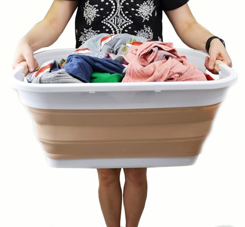 SAMMART 41L (10.8 gallon) Collapsible Plastic Laundry Basket - Foldable Pop Up Storage Container/Organizer - Portable Washing Tub - Water capacity: 32L (8.4 gallon) (Rectangular, White/Beige) - color: White/Beige