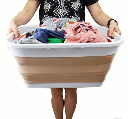 SAMMART 41L (10.8 gallon) Collapsible Plastic Laundry Basket - Foldable Pop Up Storage Container/Organizer - Portable Washing Tub - Water capacity: 32L (8.4 gallon) (Rectangular, White/Beige) - color: White/Beige