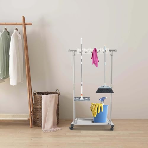 Wet Mops Rack Movable Broom Holder, Movable Closet Storage Cabinet Mop Rack with 5 Slots 6-Hook, Floor Standing Cleaning Tool Racks for Garden Garage Schools Hotels Hospitals Property Companies