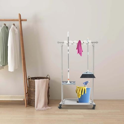 Wet Mops Rack Movable Broom Holder, Movable Closet Storage Cabinet Mop Rack with 5 Slots 6-Hook, Floor Standing Cleaning Tool Racks for Garden Garage Schools Hotels Hospitals Property Companies