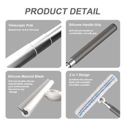 Shower Squeegee for Glass Doors, Telescopic 2-in-1 Squeegee for Window Cleaning with Microfiber Scrubber for Bathroom, Tile Wall, Car Windshield
