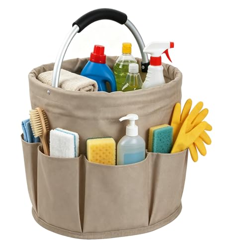 17L Cleaning Supply Caddy with Soft Handle, Portable Shower Caddy in 600D Oxford Fabric, Garden Tool Organizer Bag, Multifunctional Storage Basket for Bathroom, Garden, Khaki - color: Khaki, size: 1PCS