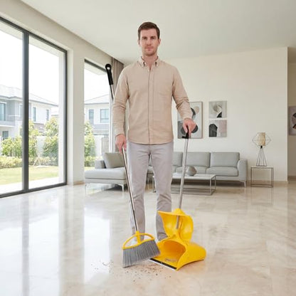 Long Handle Heavy Duty Broom and Dustpan Set, Outdoor and Commercial Upright Dustpan and Brush for Restaurant Garage Garden Yard Office, Yellow - color: Yellow