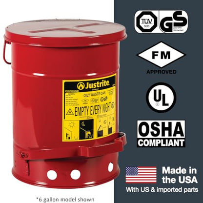 Justrite 14 Gallon Galvanized Steel Oily Waste Can, 20" x 16" Metal Oil Rag Safety Can with Foot Operated Self-Closing Lid for Oil Rag Disposal, Made in The USA, Red, 09500 - color: Red, size: 14 Gallon, style: Foot-Operated Lid