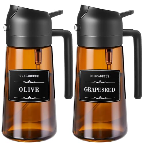 OURCABECUE 2 in 1 Olive Oil Sprayer for Cooking, 16oz/470ml Glass Olive Oil Dispenser Bottle for Kitchen, Light-Blocking Dark Brown Oil Mister with 8 Oil Stickers (Black 2PC) - color: Brown Bottle-Black 2PC